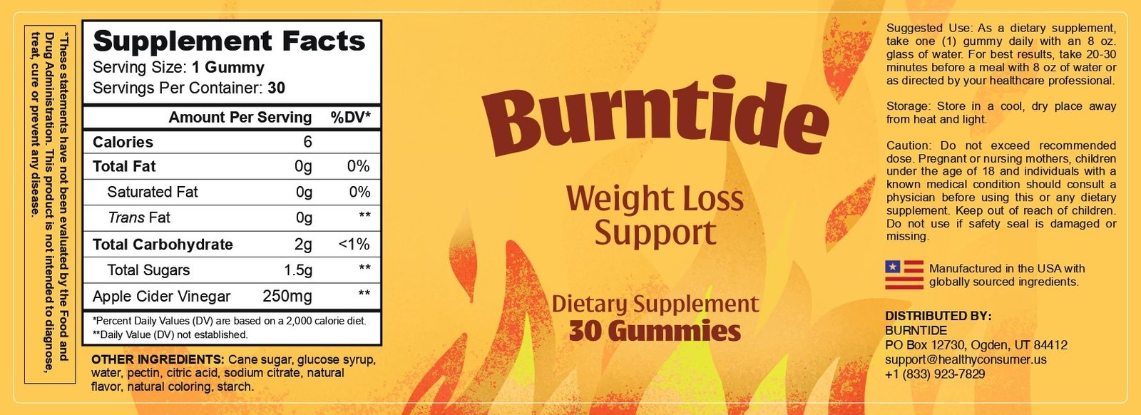 BurnTide Supplement Facts label: apple cider vinegar 250 mg per gummy, 30 gummies