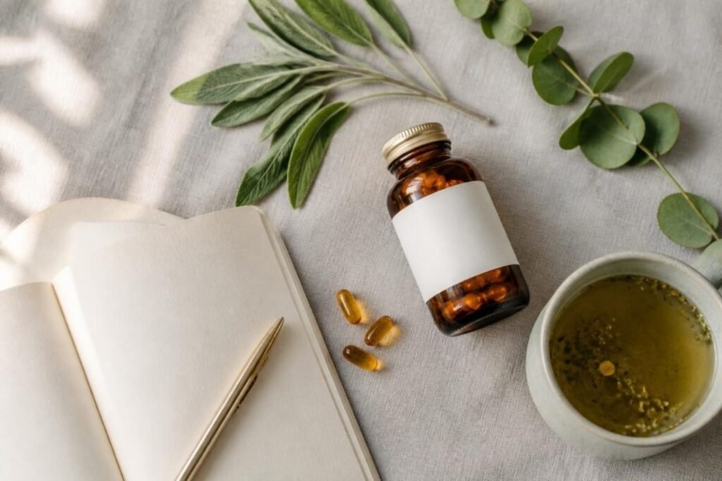 Notebook, supplement bottle, capsules, sage leaves and herbal tea on linen